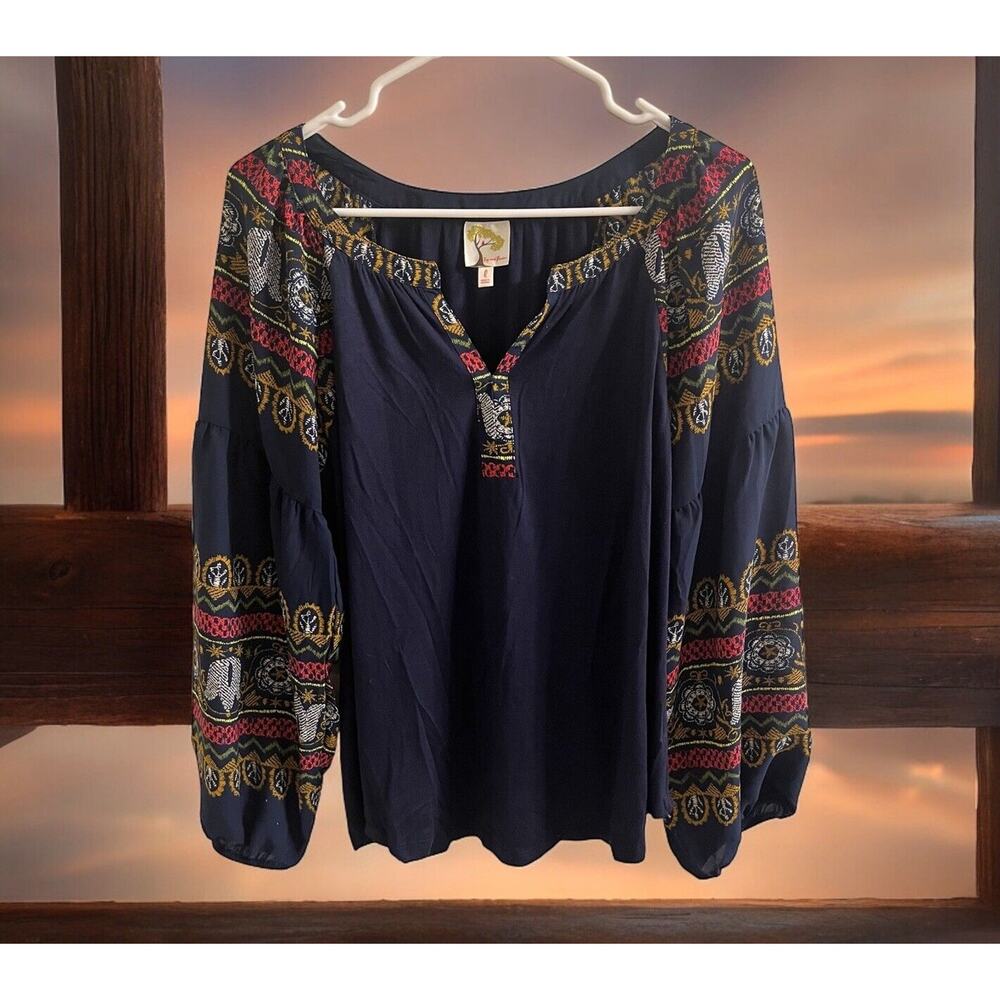 Anthropologie‎ Fig and Flower Women's Boho Blouse Size L  Peasant Navy red gold